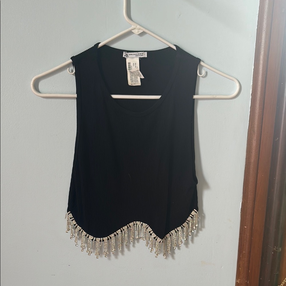 Zara Black Embellished Crop Tank Top